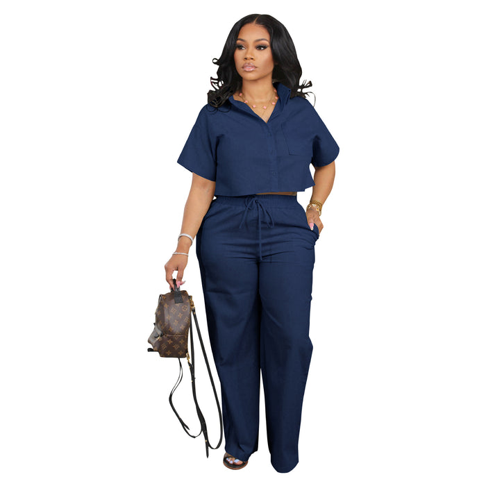 Women Clothing Suit Shirt Short Sleeved Two Piece Set Linen Casual Office Office Summer Sports Pants-Blue-Fancey Boutique