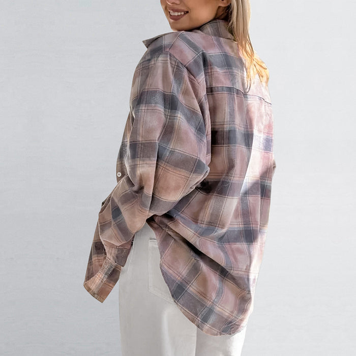 Classic Retro Loose Long Sleeve Cotton Plaid Shirt Autumn All Matching Minimalist Shirt Women Clothing-Fancey Boutique