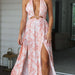 Color-Pink-Printed Halter Type Pink Dress Women Vacation Split Maxi Dress-Fancey Boutique