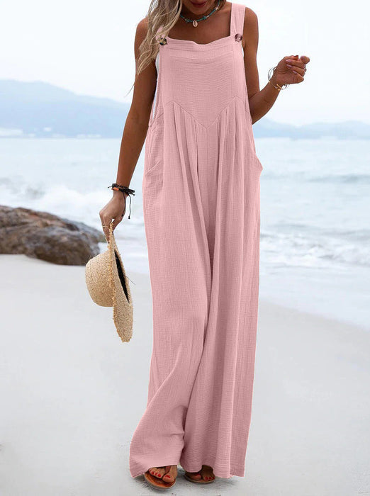 Color-Pink-Women Clothing Summer Jumpsuit Ethnic Solid Color Wide Leg Jumpsuit-Fancey Boutique