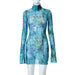 Color-Blue-Mesh Floral Print round Neck Flared Sleeves Side Open Sheath Dress Women Clothing Summer-Fancey Boutique