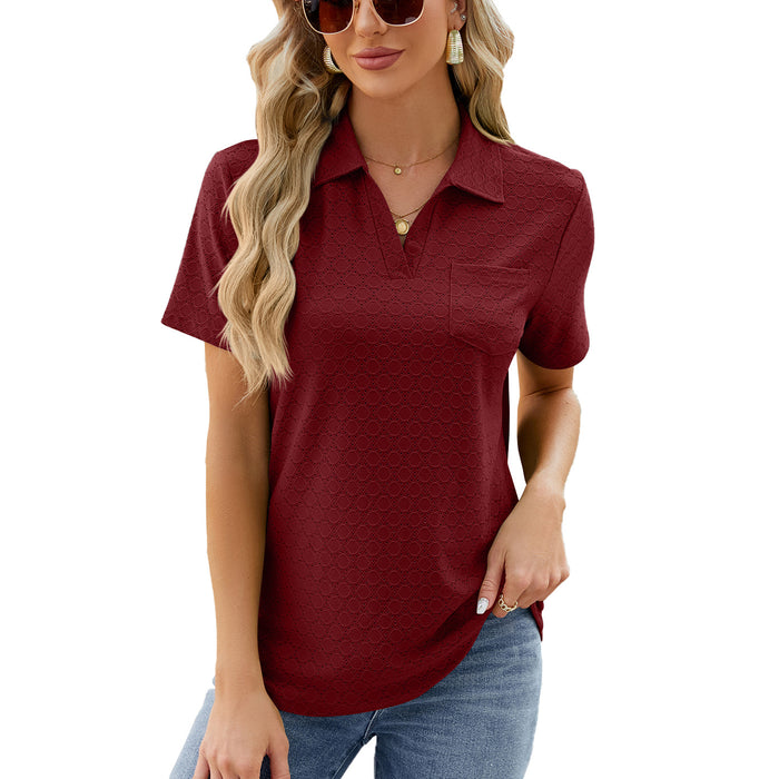 Color-Burgundy-Spring Summer Solid Color Polo Collar Pocket Short Sleeve T shirt Loose Top for Women-Fancey Boutique