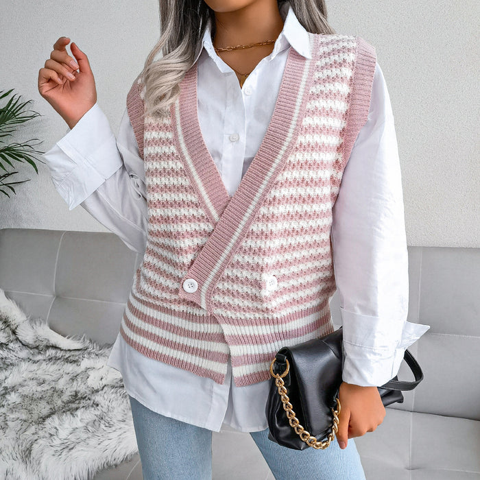 Color-Pink-Stripe College Knitted Vest Sweater Women Clothing-Fancey Boutique