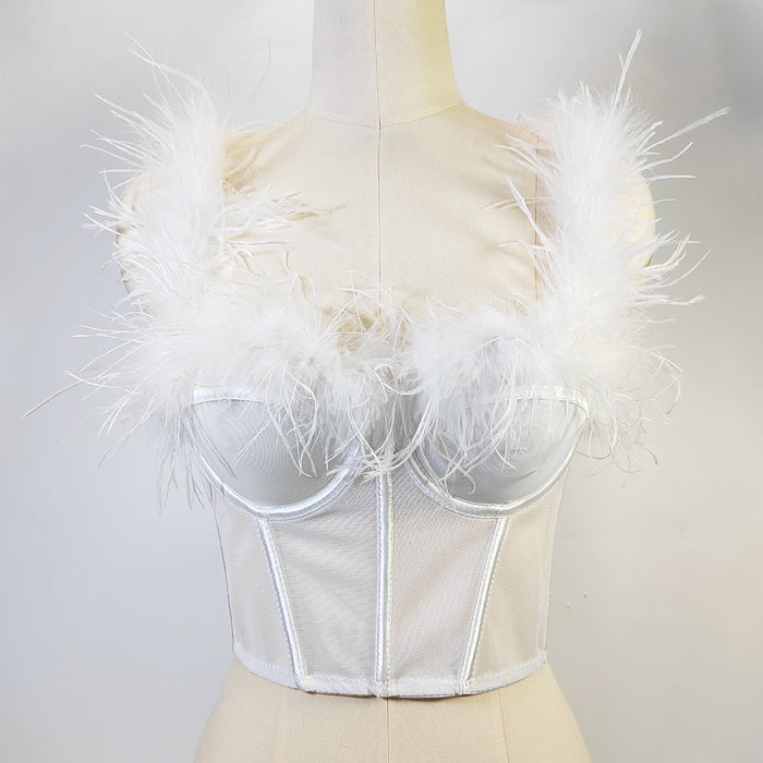 Color-White-Live Broadcast High Grade Ostrich Fur Super Fairy Boning Corset Tube Top Shaping Drawstring Slim Fit Bare Back Feather Sling-Fancey Boutique