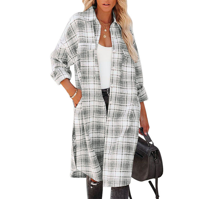 Color-Gray-Mid Length Shacket for Women Spring Autumn Printed Checks Collared Single Breasted Coat for Women-Fancey Boutique