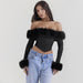 Color-Black-Autumn Winter Sexy Wear Fur Collar off Shoulder Boning Corset Long Sleeve Short Slim Top Women Clothing-Fancey Boutique