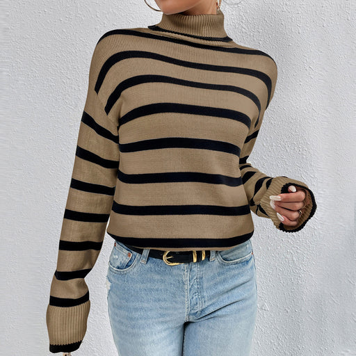 Color-Brown Striped Sweater-Contrast Color Striped Sweater Women Fall Winter Slim Inner Knitted Top High Collar Bottoming Sweater-Fancey Boutique