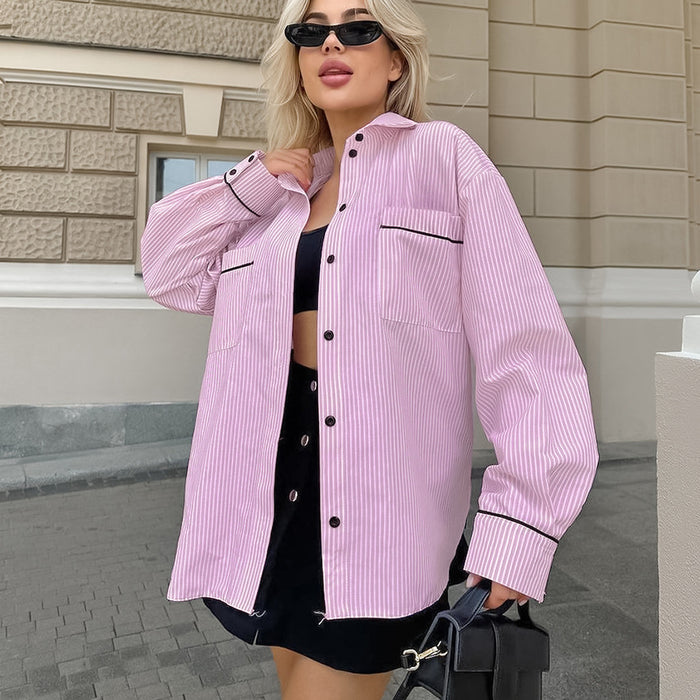 French Sexy Gentle Pink Striped Long Sleeve Slim Fit Office Pocket Shirt Contrast Color Women Clothing-Fancey Boutique