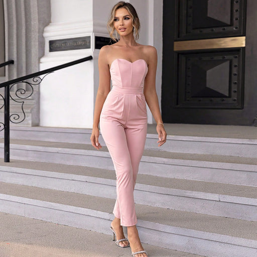 Color-Pink-Women Sexy Slim Solid Tubular Jumpsuit-Fancey Boutique