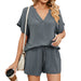 Color-Gray-Spring Summer Solid Color V Neck Loose T Shirt Shorts Home Casual Suit-Fancey Boutique