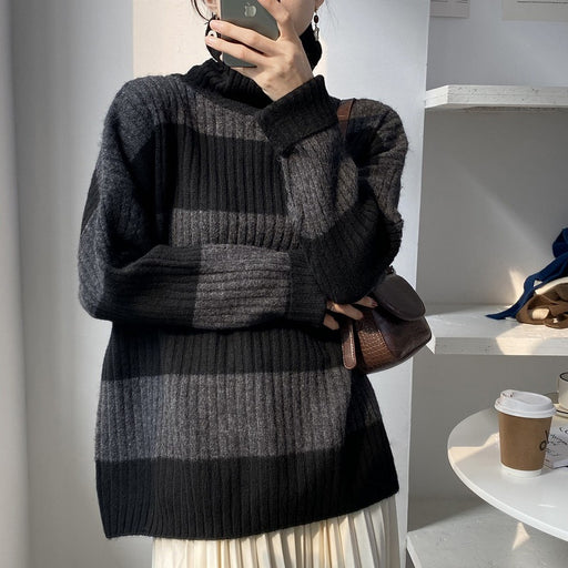 Color-Black-Autumn Winter Thickened Warm Striped Turtleneck Long Sleeve Knitted Contrast Color Pullover Sweater-Fancey Boutique