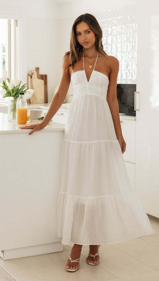 Color-White-Women V neck Brace Maxi Dress Elegant Shoulder Baring Sleeveless Sling-Fancey Boutique