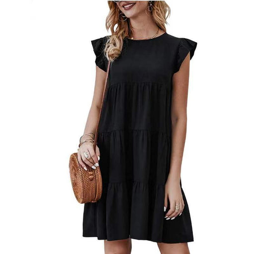 Color-Black-Summer Solid Color round Neck Short Sleeves Dress Casual Tiered Dress Pleated Large Swing Dress-Fancey Boutique