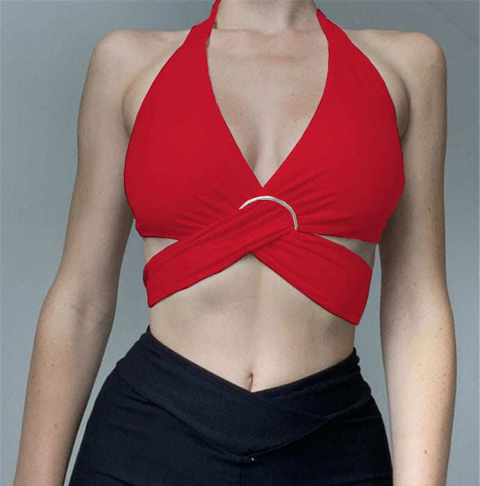 Summer Women Clothing Multiple Wear Cross-Halterneck Deep V-neck Backless cropped Strap Vest for Women-Red-Fancey Boutique