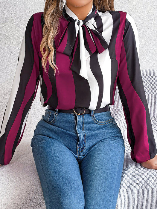 Color-Burgundy-Real Shot Spring Summer Elegant Contrast Color Striped Lace up Lantern Sleeve Chiffon Shirt Top Women Clothing-Fancey Boutique