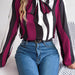 Color-Burgundy-Real Shot Spring Summer Elegant Contrast Color Striped Lace up Lantern Sleeve Chiffon Shirt Top Women Clothing-Fancey Boutique