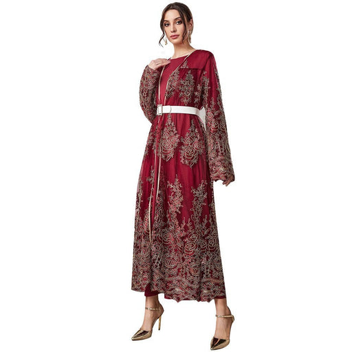 Autumn Dubai Arab Morocco Casual Mesh Skirt Set-Burgundy-Fancey Boutique