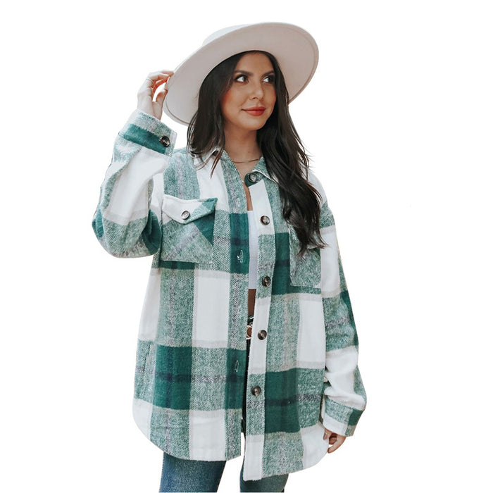 Color-Green-Brushed Plaid Shirt Women Fashionable Autumn Winter Spring Autumn Shacket Loose European Mid Length Top-Fancey Boutique