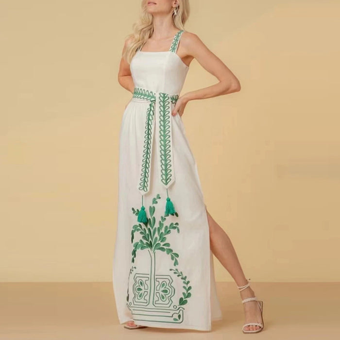 Vintage Bohemian Embroidery Summer Suspender Tube Top Cinched Waist Long Women Side Split Dress-Green-Fancey Boutique