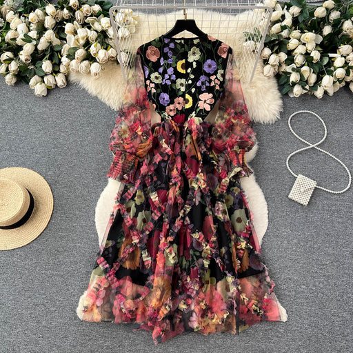 Color-High Grade Round Neck Long Sleeve Three Dimensional Floral Embroidery Stitching Mesh Tulle Tutu Dress Women Waist Slimming-Fancey Boutique