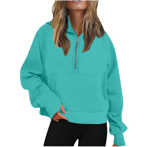 Color-Green-Autumn Winter Women Scuba Sports Half Zipper Yoga Clothes Loose Short Hood Fleece Lined Sweater Sweater-Fancey Boutique