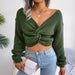 Color-Army Green-Autumn Winter Long-Sleeved Knotted cropped Knitted Sweater Women Clothing-Fancey Boutique