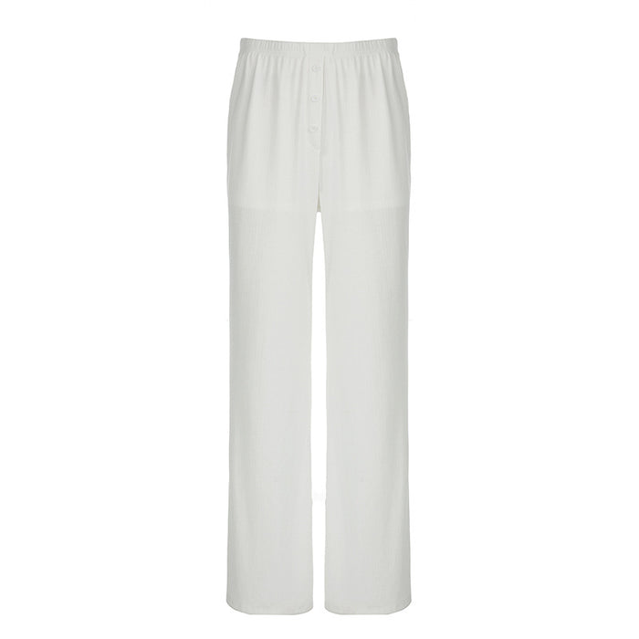 Street Casual Hole Knitted Trousers Fashionable, Comfortable Lazy Elastic Waist Loose Wide Leg Pants-White-Fancey Boutique