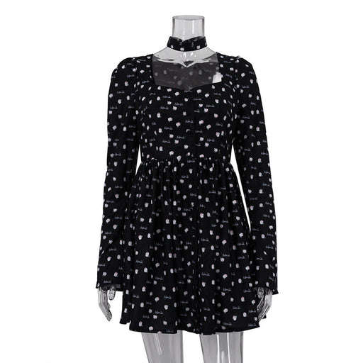 Women Clothing Spring Autumn Tea Break French Dress Collar Square Collar Long Sleeve Printing Casual A line Dress-Black-Fancey Boutique
