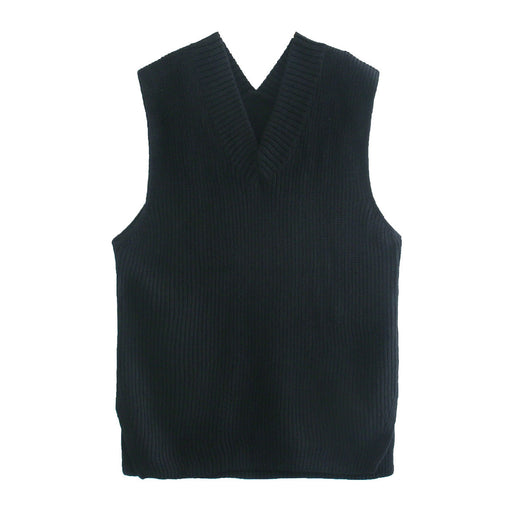 Color-Black-Autumn Winter White Loose Split V neck Sleeveless Knit Vest Vest Women Mid Length Sweater-Fancey Boutique