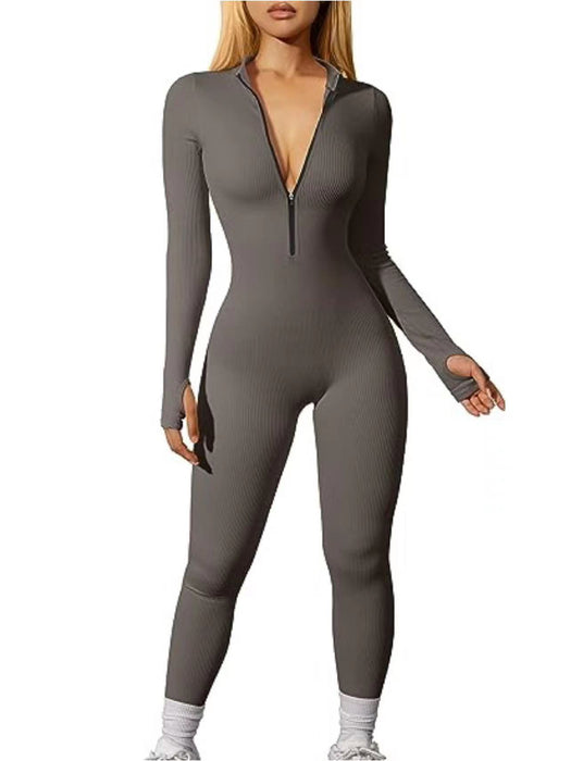 Color-Dark Grey-Women Sports Jumpsuit Workout Ribbed Long Sleeve Zipper Casual Jumpsuit Trousers Tight-Fancey Boutique