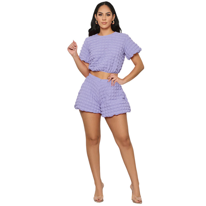 Color-Purple-Crew Neck Cropped Top Sexy Women Clothing Shorts Spring Autumn Two Piece Set-Fancey Boutique