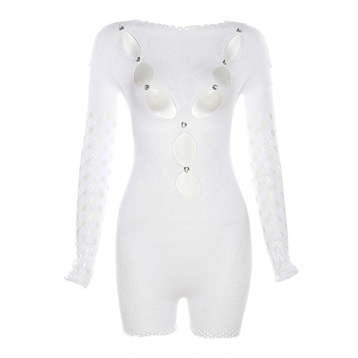 Color-White-Summer Women Sexy Mesh See through Hollow Out Cutout round Neck Long Sleeve Tight Romper for Women-Fancey Boutique