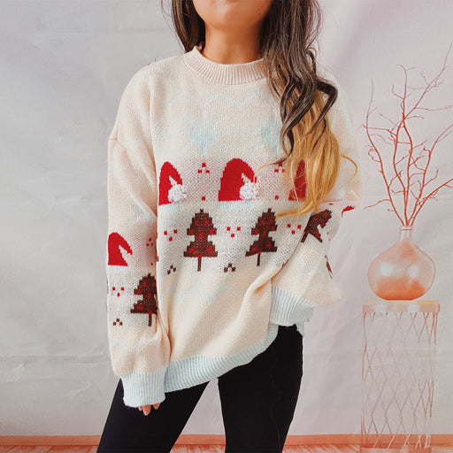 Color-Ivory-Autumn Winter Christmas Sweater Year Sweater Round Neck Long Sleeve Christmas Hat Pullover Women-Fancey Boutique