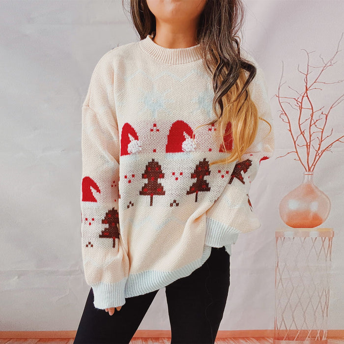 Color-Ivory-Autumn Winter Christmas Sweater Year Sweater Round Neck Long Sleeve Christmas Hat Pullover Women-Fancey Boutique
