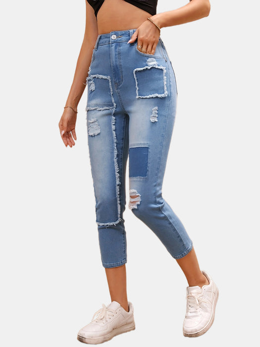 High Waist Ripped Cropped Pants Korean Casual Beggar Loose Straight Jeans-Fancey Boutique