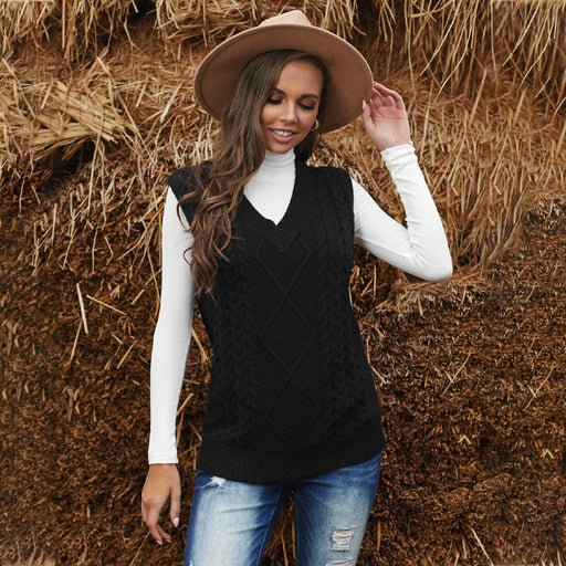 Color-Black-2-Winter Solid Color Women Sweater Vest Mid-Length Sleeveless Top Sweater-Fancey Boutique