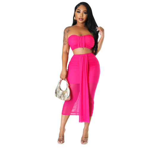 Color-Rose Red-Summer Women Clothing Sexy Mesh See Through Wrapped Chest Skirt Two Piece Set-Fancey Boutique