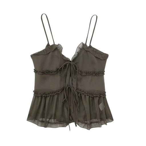 Women' Translucent Laminated Decoration Camisole Top Small Vest-Gray-Fancey Boutique