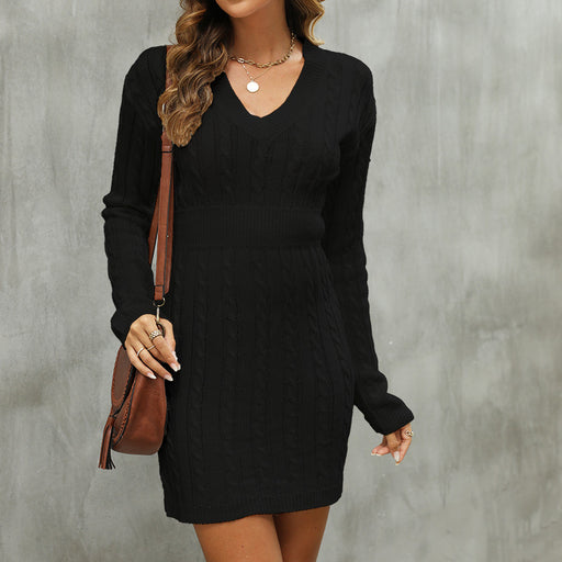 Color-Black-Autumn Winter Women Clothing Sweater Waist Tight Twist Sheath Dress Fashionable Knitted Maxi Dress-Fancey Boutique