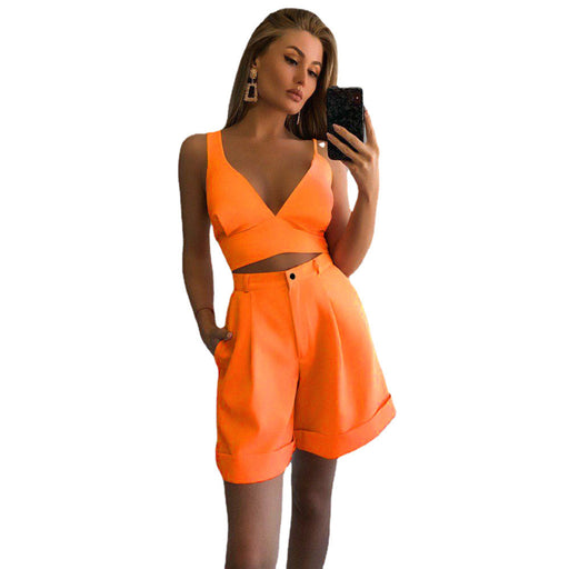 Color-Orange-Spring Summer Women Solid Color Two Piece Tube Top High Waist Shorts Sets-Fancey Boutique