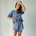 Women Casual Sports Solid Color Cotton Linen Short Sleeve round Neck Shorts Pajamas Two Piece Set-Fancey Boutique