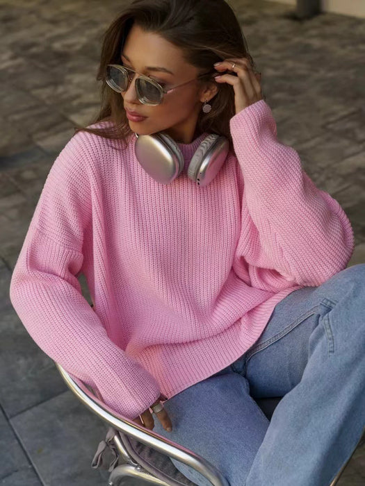 Solid Color round Neck Sweater Spring Autumn Loose Sweater Pullover Sweater for Women-Pink-Fancey Boutique