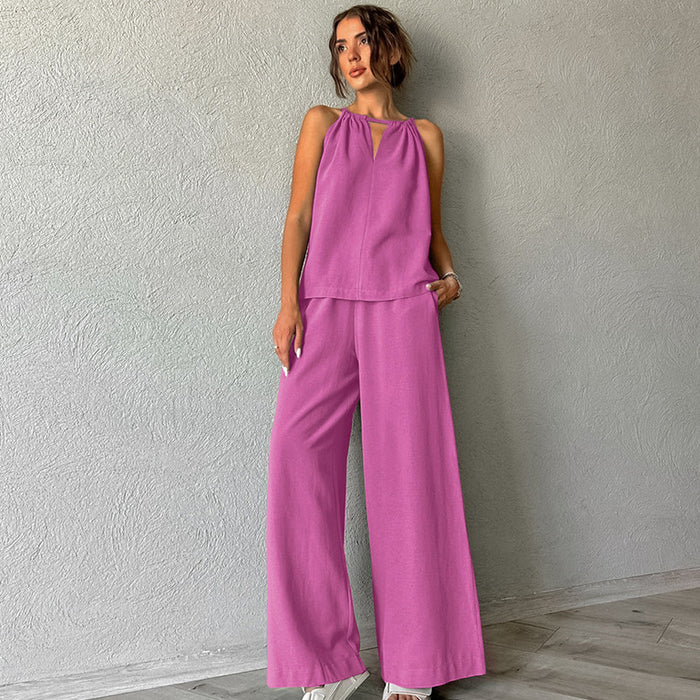 Khaki Cotton Linen Hollow Out Cutout out Tied Sleeveless Halter Vest Wide Leg Pants Set Spring Summer-Pink-Fancey Boutique