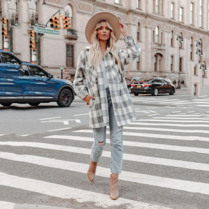 Color-Gray-Plaid Printed Long Woolen Coat Women-Fancey Boutique