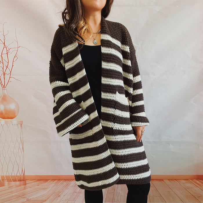Color-Brown-Autumn Winter Loose Striped Pocket Mid Length Knitted Sweater Cardigan Coat-Fancey Boutique