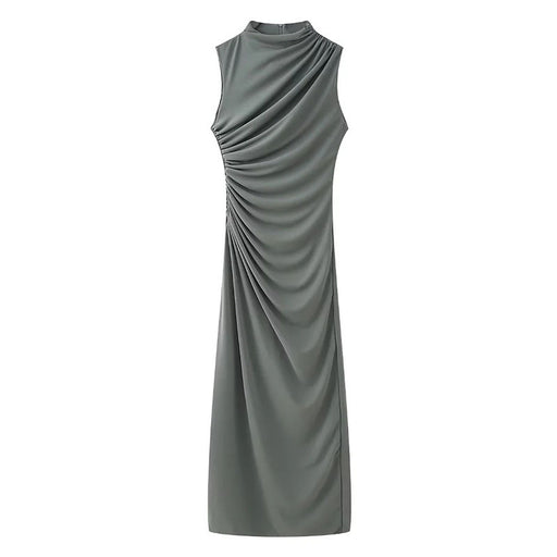 Color-Green-Women Clothing Stand Collar Sleeveless Straight Slim Pleated Decoration Midi Dress-Fancey Boutique