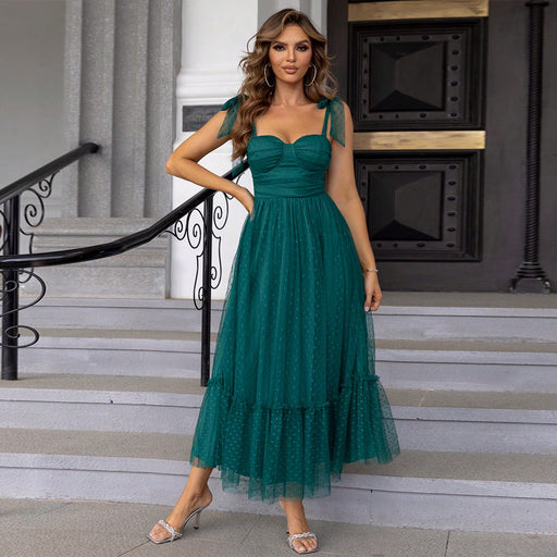 Color-Darkgreen-Fashionable Women Clothing Evening Dress Lace up Shoulder Pleated Hem Mesh Dress-Fancey Boutique