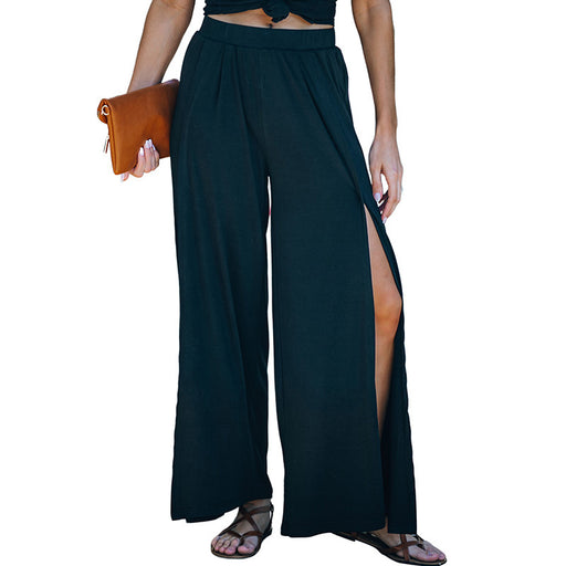 Color-Black-Solid Color All Matching Slit Casual Pants Summer Women High Waist Wide Leg Pants All Matching Trousers-Fancey Boutique