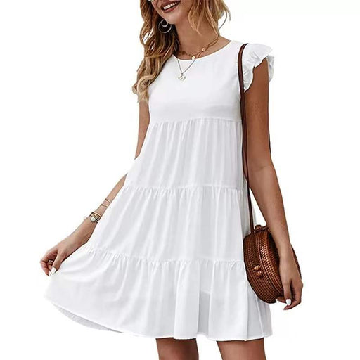 Color-White-Summer Solid Color round Neck Short Sleeves Dress Casual Tiered Dress Pleated Large Swing Dress-Fancey Boutique