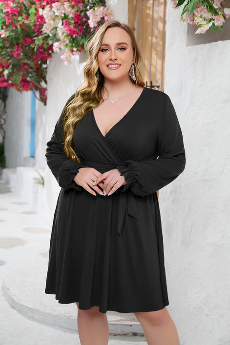 Color-Black-Plus Size Solid Color V Neck Dress-Fancey Boutique